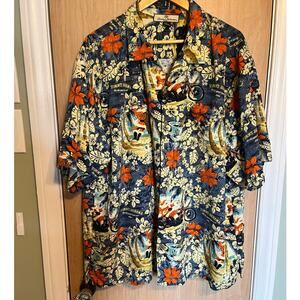 Vintage Tommy Bahama Silk Hawaiian Shirt Motorcycle Santa Clause Novelty